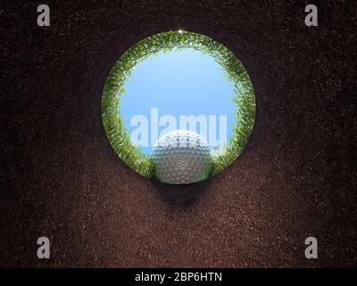 trou de golf, vue de l'intérieur, chute de balle. vue du ciel et de l'herbe. rendu 3d. personne autour. sport et victoire concept. Banque D'Images