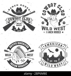 Ensemble de badges de club de cow-boy. Rodéo Ranch. Illustration vectorielle. Concept pour chemise, logo, imprimé, timbre, tee-shirt avec cowboy et fusil de chasse. Motif typographique vintage avec silhouette de carabine sauvage de l'ouest et de l'ouest. Illustration de Vecteur