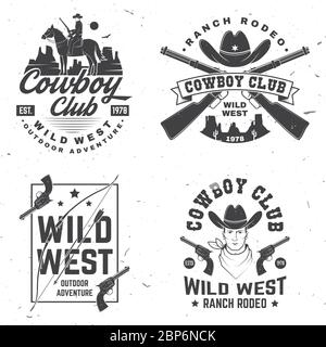 Ensemble de badges de club de cow-boy. Rodéo Ranch. Illustration vectorielle. Concept pour chemise, logo, imprimé, timbre, tee-shirt avec cowboy et fusil de chasse. Motif typographique vintage avec silhouette de carabine sauvage de l'ouest et de l'ouest. Illustration de Vecteur