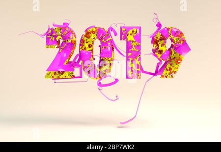 Bonne année 2019 avec bandeau rose tendance Numéro de couleur faite par le plastique et l'arrière-plan matterwhite organique. Abstract 3d illustration Banque D'Images