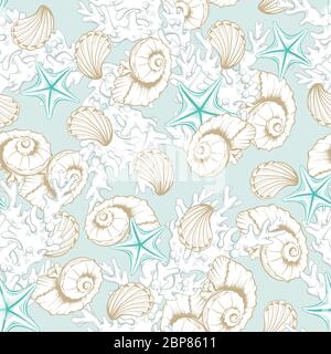 Fond de motif de coquillages, coquillages vectoriels, coraux et étoiles de mer sur turquoise. Marine et océan sous-marin sans couture motif de dessin d'art de ligne pour mariage ou de mariage décor arrière-plan Illustration de Vecteur