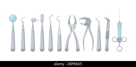 Ensemble d'icônes d'outils dentaires isolé sur fond blanc. Collection instruments de Stomatology - Outils dentiste plat dessin animé dessin vectoriel illustration. Illustration de Vecteur