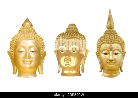 Trois têtes dorées de Bouddha isolées sur fond blanc. Objet avec masque. Banque D'Images