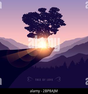 Arbre d'amour sur une falaise dans les montagnes au coucher du soleil illustration vecteur EPS10 Illustration de Vecteur