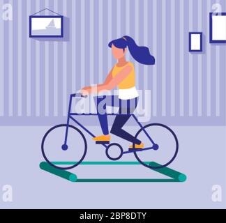 femme sur vélo sur roulettes d'entraînement, dessin d'illustration de vecteur de distance sociale Illustration de Vecteur