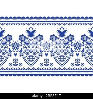 Art folklorique scandinave long sans couture motif vectoriel horizontal avec oiseaux et fleurs, décoration de style nordique avec fleurs Illustration de Vecteur