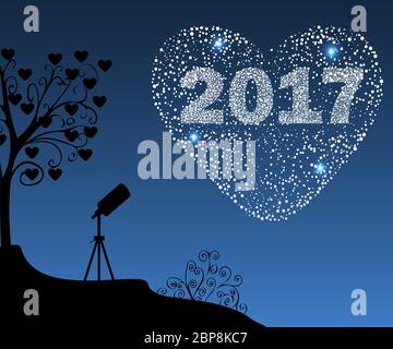 Bonne Année 2017 coeur d'étoile. Illustration vecteur de Noël ciel étoilé en arrière-plan . Banque D'Images