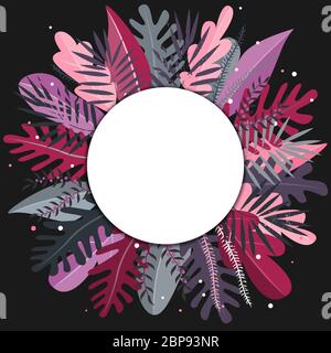 Motif cercle d'été tropical feuilles Vector tendance. Cadre de bordure arrondie sur fond sombre Illustration de Vecteur