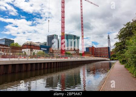 Développements le long du canal de Birmingham et Fazeley, des blocs de haute élévation autour de la cathédrale catholique romaine de St Tchad, Birmingham, Royaume-Uni Banque D'Images