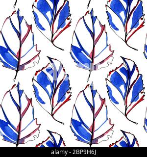 Modèle sans couture à l'aquarelle les feuilles d'automne. Peint à la main avec noir, bleu et rouge avec de l'encre couleur multi-gouttes à l'arrière-plan. Objets isolés Banque D'Images