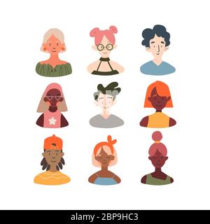 Enfants de différentes races profil avatars collection. Icônes de visage de fille et de garçon icône vecteur illustration ensemble. Motif moderne à motif dessins animés. Onli Illustration de Vecteur