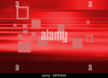 Arrière-plan abstrait de thème rouge, surface ondulée avec plusieurs rectangles et arrière-plan de codes binaires. Banque D'Images