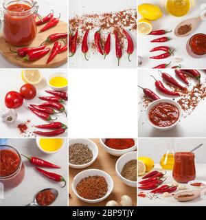 Collage de harissa, épices, épices, poivrons, tomates sur fond clair. Copier les spaes. Assaisonnement. Cuisine nationale Banque D'Images