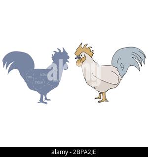 Joli coq de ferme française avec graphique boucherie vecteur clipart. Cuisine de ferme campagnard à la main, chic et tirade. Illustration d'une ferme de poulet Illustration de Vecteur