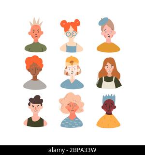 Enfants de différentes races profil avatars collection. Icônes de visage de fille et de garçon icône vecteur illustration ensemble. Motif moderne à motif dessins animés. Onli Illustration de Vecteur