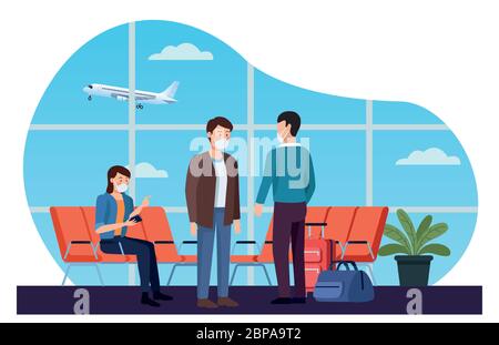 les voyageurs utilisant un masque médical à l'aéroport Illustration de Vecteur