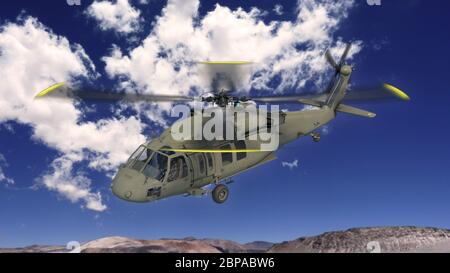 Hélicoptère en vol, avion militaire, hélicoptère militaire volant dans le ciel avec des nuages, rendu 3D Banque D'Images