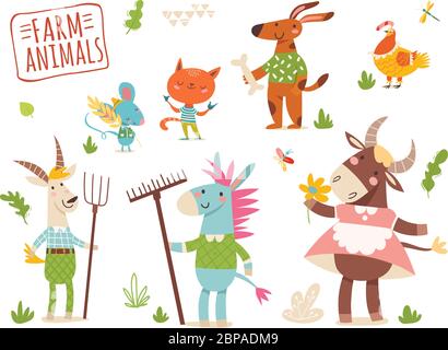Ensemble de drôle tiré à la main ferme animaux de pays. Illustration de Vecteur