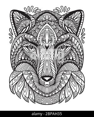 Motif vectoriel décoratif caniche tête décorative de renard. Illustration vectorielle abstraite du contour noir du renard isolé sur fond blanc. Illustration du stock Illustration de Vecteur