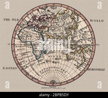 'Le Vieux monde : hémisphère oriental.' La carte montre les divisions géographiques vers 1798, il s'agit d'une reproduction de carte historique magnifiquement détaillée. Original d'un Atlas britannique publié par le célèbre cartographe William Faden. Banque D'Images