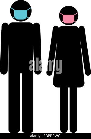 Homme et femme portant un masque de visage pour la protection de virus icône vecteur plat illustration de stock isolé Illustration de Vecteur
