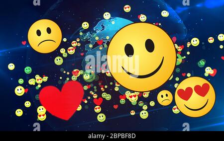 Emoji icône résumé arrière-plan. Illustration 3d des symboles émoticônes sourire, amour et triste. Résumé concept numérique de fond de chat et de médias sociaux commun Banque D'Images