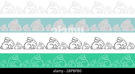 ensemble vectoriel de bordures horizontales sans couture d'un lapin et d'un lièvre dessiné par une ligne; lapins gris mignons; dessiné à la main. Joyeuses pâques, pour carte de vœux, d Illustration de Vecteur