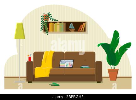 Le concept de travail à domicile, à distance. Ordinateur portable sur le canapé, le lieu de travail le plus confortable. Cocktail, écossais, livres, pantoufles. Vecteur plat moderne Illustration de Vecteur