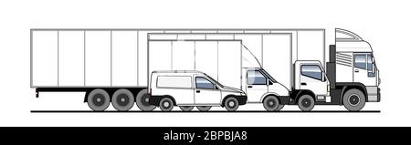 Livraison de marchandises et colis par différents camions, camion, camion. Ensemble de vecteurs. Vue latérale des chariots dans le stationnement. Modèle de chariot blanc vierge pour un Illustration de Vecteur