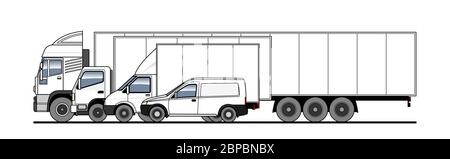 Livraison de marchandises et colis par différents camions, camion, camion. Ensemble de vecteurs. Vue latérale des chariots dans le stationnement. Modèle de chariot blanc vierge pour un Illustration de Vecteur