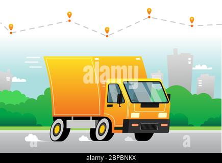 Vector Truck livre une commande très rapidement. Vitesse élevée, poussière sous les roues. Au-dessus du trajet de livraison du camion avec icônes de livraison. Ville et arbres i Illustration de Vecteur