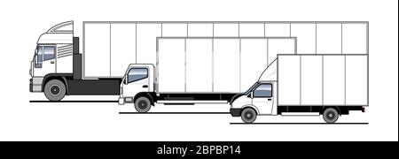 Livraison de marchandises et colis par différents camions, camion. Ensemble de vecteurs. Vue latérale des chariots dans le stationnement. Modèle de camion blanc vierge pour la publicité. Illustration de Vecteur