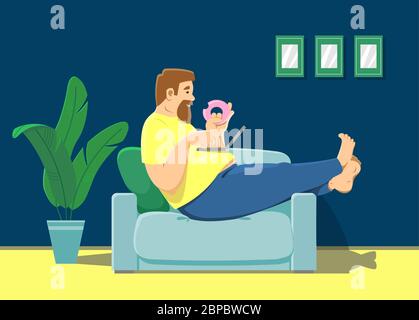 Gros homme assis sur un canapé avec un ordinateur portable sur son ventre, mangeant un beignet. Le concept d'un mode de vie sédentaire, obésité, travail à domicile, quarantaine, isola Illustration de Vecteur