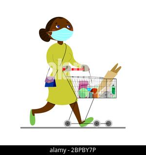 Jeune femme africaine américaine transportant une voiturette avec des articles d'épicerie. Maman marche autour du magasin, achète des articles d'épicerie, de la nourriture. Femme à peau foncée dans une robe avec un ha Illustration de Vecteur