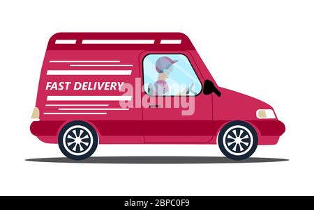 Service de livraison sans contact, sûr, porte à porte. Vecteur de concept de livraison de nourriture et de commande en ligne pour APP. L'homme conduit une fourgonnette avec des marchandises. Illustration de Vecteur