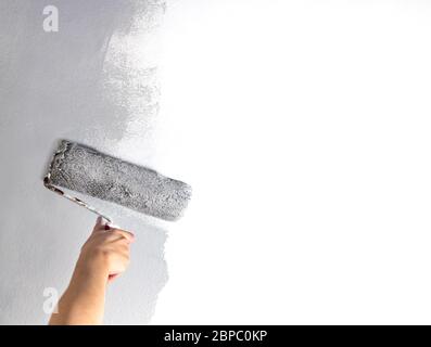 Main humaine avec un grand rouleau de peinture commence à peindre un mur blanc artisanat maître artisan formation couleur contraste échantillon outil de test de couleur renova Banque D'Images