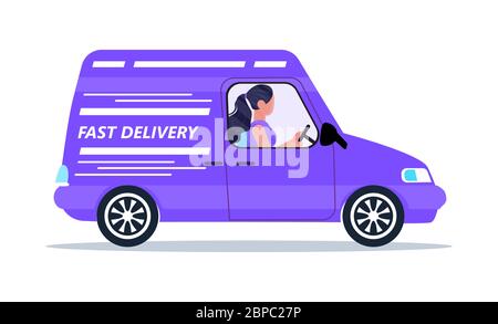 Service de livraison sans contact, sûr, porte à porte. Vecteur de concept de livraison de nourriture et de commande en ligne pour APP. L'homme conduit une fourgonnette avec des marchandises. Illustration de Vecteur
