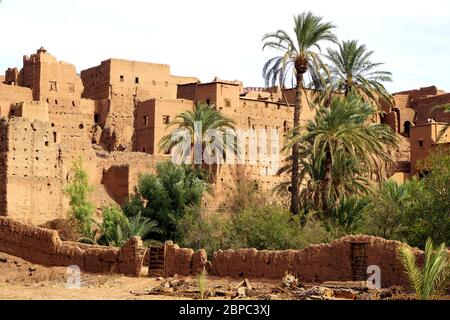 Le village traditionnel de Tamnougalt construit en boue dans une oasis couverte de palmiers dans la vallée du Draa au sud du Maroc Banque D'Images