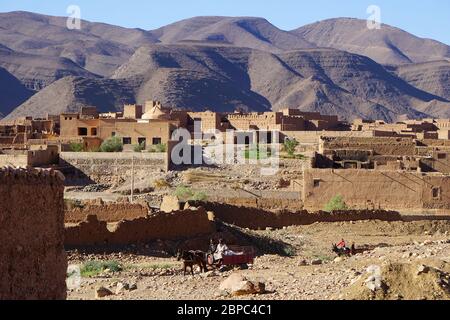 Le village traditionnel de Tamnougalt construit en boue dans une oasis couverte de palmiers dans la vallée du Draa au sud du Maroc Banque D'Images