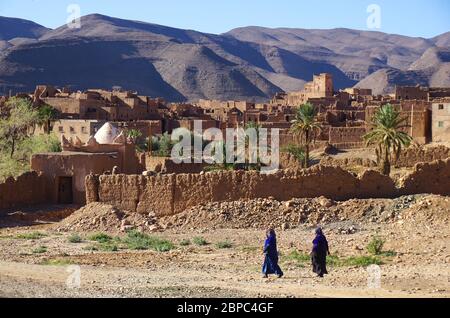 Le village traditionnel de Tamnougalt construit en boue dans une oasis couverte de palmiers dans la vallée du Draa au sud du Maroc Banque D'Images