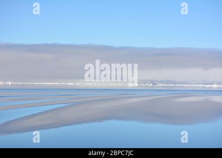 Vue imprenable sur la glace de mer flottante lors d'une journée d'été calme à Svalbard, avec le ciel pastel reflété dans la surface de l'eau. Banque D'Images