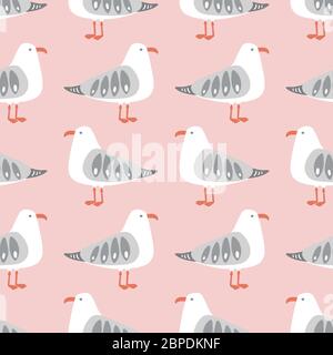 Motif mouette vectorisé. Joli fond sans couture de répétition d'oiseau de mer dans le rose, le gris et l'orange. Illustration de Vecteur