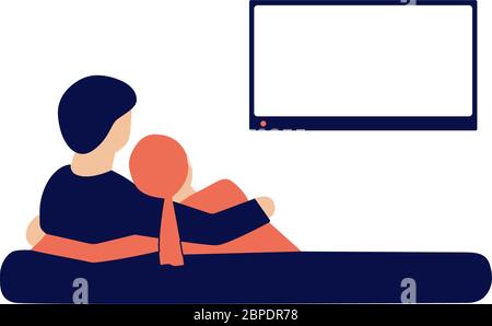 Embrasser un jeune couple marié assis sur un canapé et regarder la télévision à la maison. Famille, amis, parents se détendre, passer du temps ensemble. Vecteur isolé à plat Illustration de Vecteur