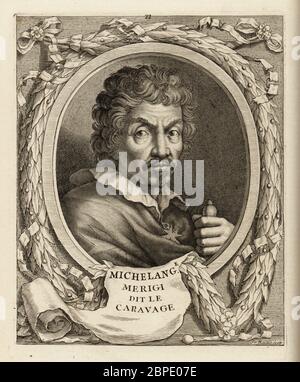 Portrait de Michel-Ange Merisi da Caravaggio, peintre italien, 1571-1610. Michelange Merigi dit le Caravage. Gravure de coperplate par Etienne Baudet après autoportrait par Caravaggio, fin du XVIIe siècle. Banque D'Images