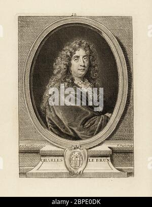 Portrait de Charles le Brun, peintre français, physiologiste et théoricien de l'art, 1619-1690. Gravure de copperplate par Pierre Dupin après un portrait de Nicolas de Largilliere, publié au XVIIIe siècle. Banque D'Images