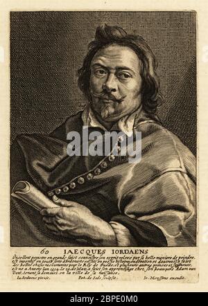 Portrait de Jacques Jordaens, peintre flamand, dessinateur et dessinateur de tapisserie connu pour ses peintures d'histoire, scènes de genre et portraits, 1593-1678. Iaecques Iordaens. Gravure de copperplate par Pieter de Jode le Jeune après une peinture de Jacques Jordaens publiée dans Johannes Meyssens image de plongeurs hommes d'esprit sublime, Anvers, 1649. Banque D'Images