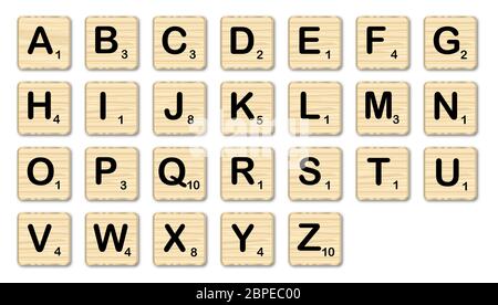 L'ensemble complet des lettres dans un jeu de scrabble Banque D'Images
