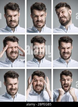 Série de portraits du jeune homme avec différentes émotions négatives sur fond gris Banque D'Images