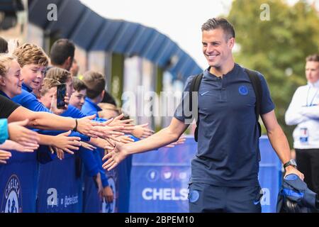 LONDRES, ANGLETERRE - 22 SEPTEMBRE 2019 : Cesar Azpilicueta de Chelsea arrive au stade pour le match de la première ligue 2019/20 entre Chelsea FC et Liverpool FC à Stamford Bridge. Banque D'Images