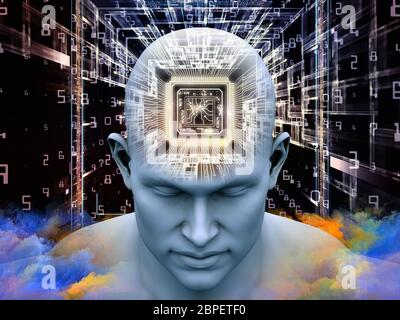Processeurs Mind. Illustration 3D de la tête humaine avec CPU en perspective sur le sujet de l'intelligence artificielle, de l'esprit, des médias de masse et de la moderne t Banque D'Images